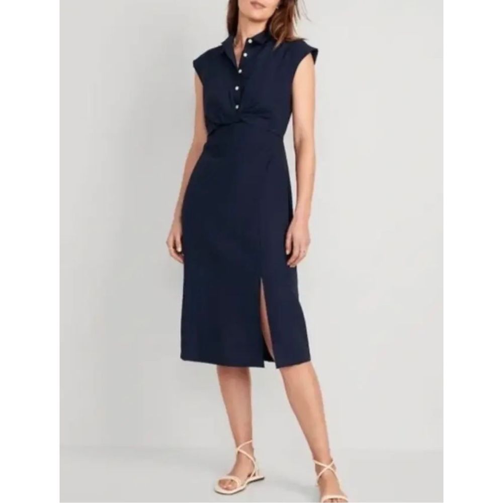 Old Navy NWOT retro waist twist defining midi dress collared sleeveless slit nav